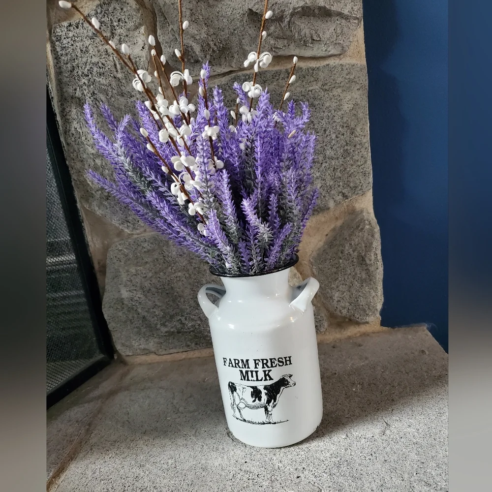 Lavender Artificial Flowers in Milk Jug Metal Vase